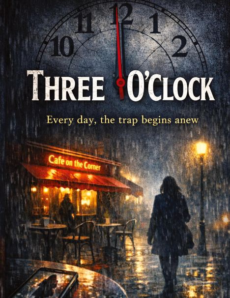 „Three O'Clock“ und „Every day, the trap begins anew“; regnerische Straßenszene mit Café-Schild „Cafe on the Corner“.