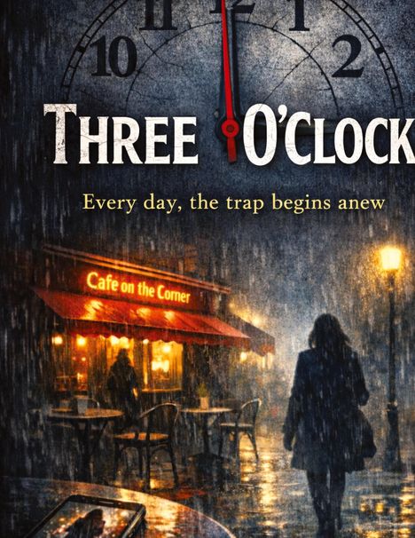 "THREE O'CLOCK", "Every day, the trap begins anew". Eine Person geht bei Regen an einem Café vorbei, im Stil einer Illustration.