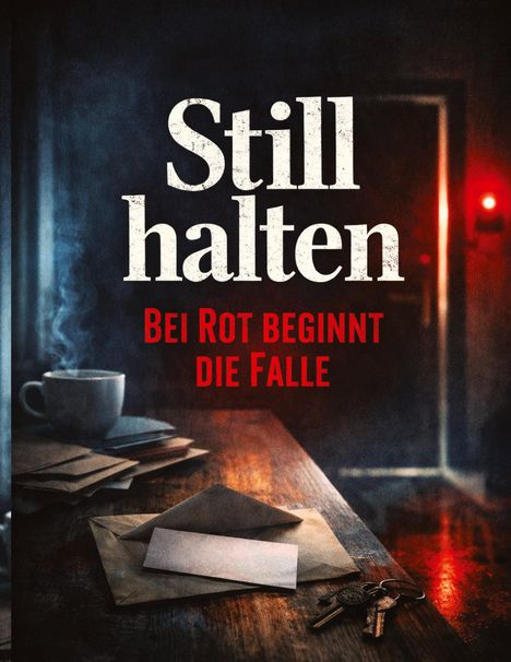 Text: "Still halten. Bei Rot beginnt die Falle." Eine dampfende Tasse, Umschläge und Schlüssel auf einem Tisch.