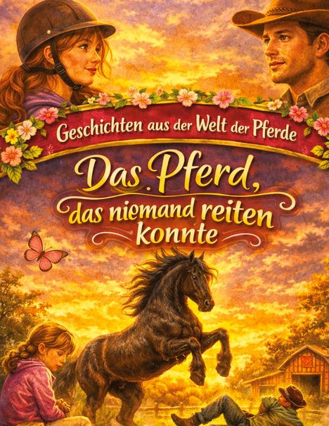 „Geschichten aus der Welt der Pferde: Das Pferd, das niemand reiten konnte.“ Illustration mit Pferd, Menschen, Blumen.