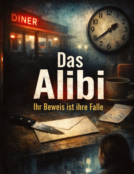 „Das Alibi. Ihr Beweis ist ihre Falle.“ Ein Messer auf einem Umschlag, eine große Uhr, rotes „DINER“-Leuchtschild.