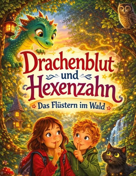 „Drachenblut und Hexenzahn: Das Flüstern im Wald“. Illustration mit Drachen, Kindern und Katze in einem magischen Wald.