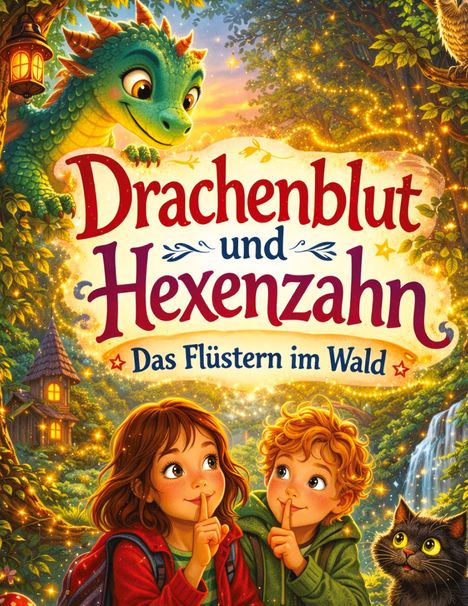 Text: "Drachenblut und Hexenzahn: Das Flüstern im Wald". Eine verspielte Illustration mit Kindern, Drache und Katze im Wald.