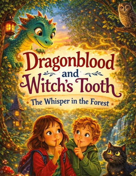 "Dragonblood and Witch's Tooth: The Whisper in the Forest." Eine Illustration mit Kindern, einem Drachen und einer Eule im Wald.