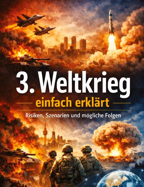 „3. Weltkrieg einfach erklärt“ – Risiken, Szenarien und mögliche Folgen. Militärs, Explosionen und Flugzeuge.