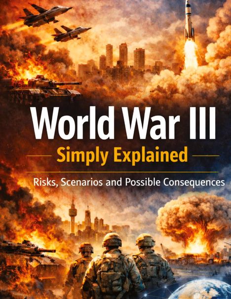 „World War III Simply Explained. Risks, Scenarios and Possible Consequences.“ Illustration von Kriegsszenarien.