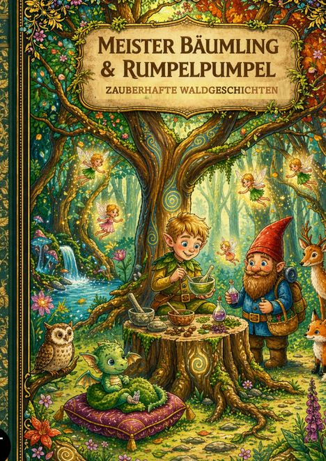"Meister Bäumling & Rumpelpumpel: Zauberhafte Waldgeschichten". Illustration: Waldszene mit Feen, Kind, Zwerg und Tieren.
