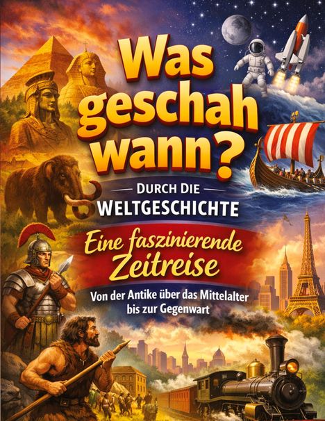 „Was geschah wann? Durch die Weltgeschichte. Eine faszinierende Zeitreise. Von der Antike über das Mittelalter bis zur Gegenwart.“  
Illustration mit historischen Symbolen: Pyramiden, Mammut, Wikingerboot, Rakete, Astronaut, Architektur.