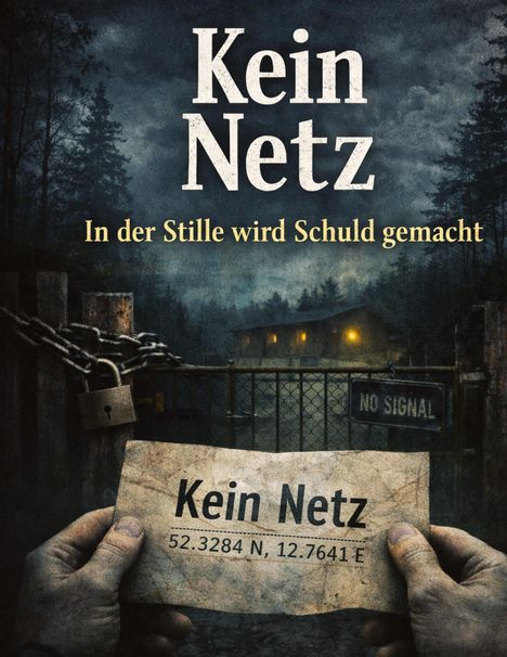 Text oben: "Kein Netz". Darunter: "In der Stille wird Schuld gemacht". Zwei Hände halten ein Papier mit Koordinaten.