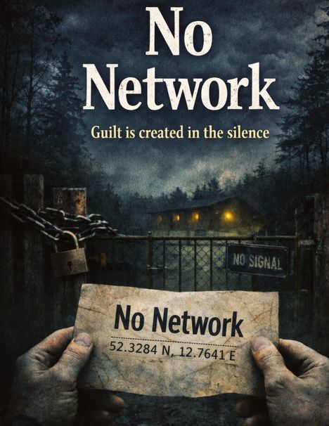 "No Network", "Guilt is created in the silence", "52.3284 N, 12.7641 E". Dunkle Szene mit einem verschlossenen Tor im Wald.