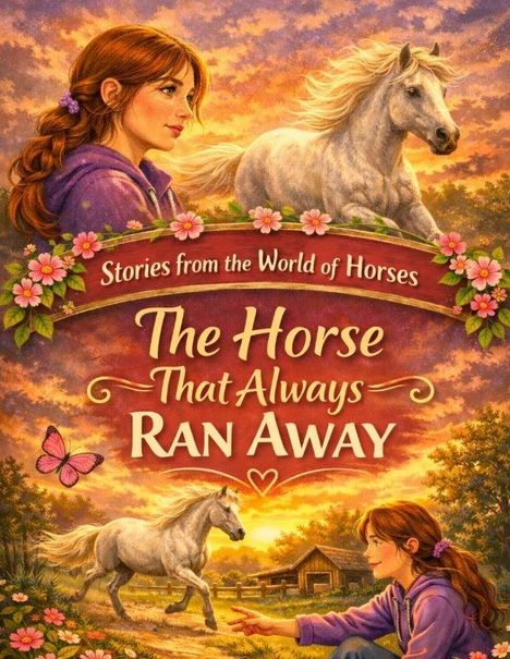 „Stories from the World of Horses: The Horse That Always Ran Away“. Illustration mit Mädchen, Pferd und Schmetterling in Blumenrahmen.