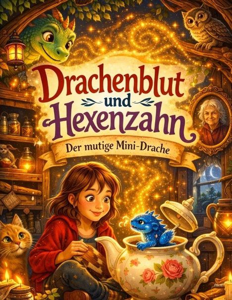 "Drachenblut und Hexenzahn: Der mutige Mini-Drache". Ein Mädchen schaut fasziniert auf einen kleinen Drachen in einer Teekanne.