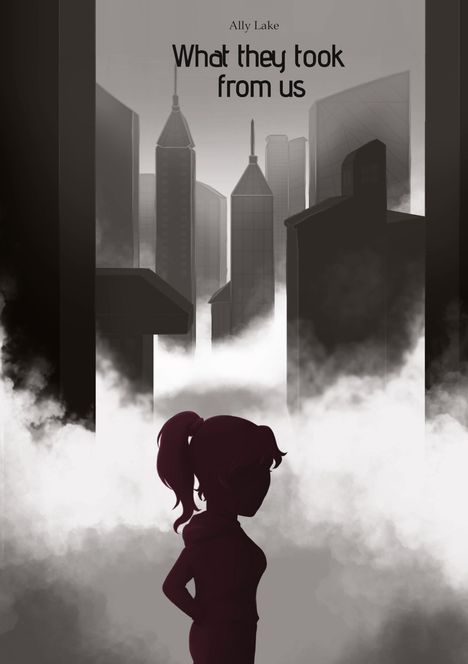 "What they took from us" von Ally Lake. Silhouette einer Person in nebliger Stadtlandschaft, Hochhäuser im Hintergrund.
