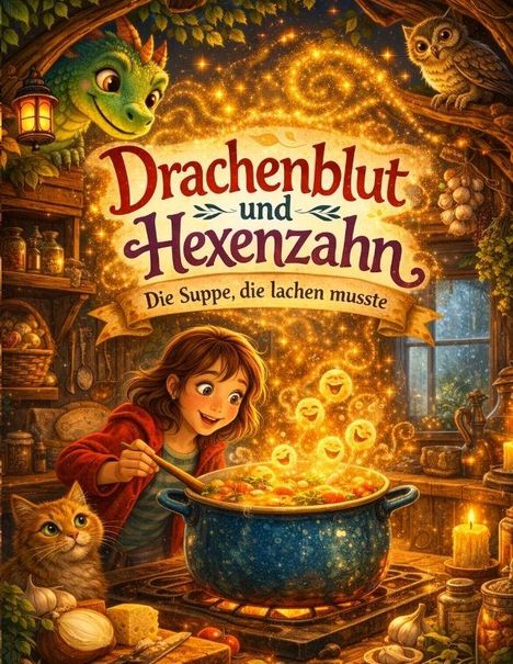 „Drachenblut und Hexenzahn: Die Suppe, die lachen musste“. Kind rührt in leuchtender Suppe, umgeben von Katze, Eule und Drache.