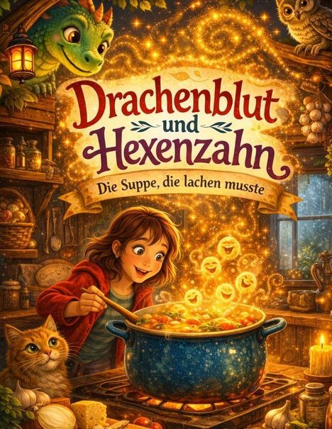 „Drachenblut und Hexenzahn: Die Suppe, die lachen musste“. Illustration von einem Mädchen, das fröhlich in einem Topf rührt.