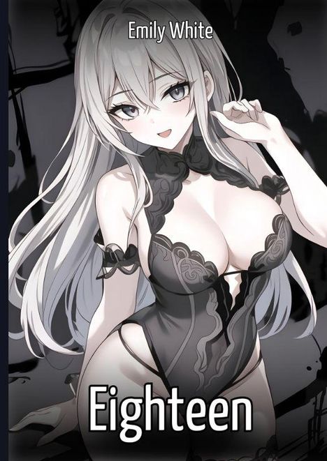Text: "Emily White", "Eighteen". Illustration einer Frau mit langen Haaren und aufwendigem Kleid in Schwarz-Weiß.