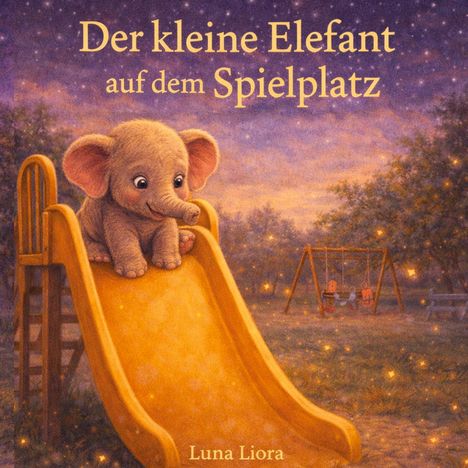 „Der kleine Elefant auf dem Spielplatz“. Illustration: Ein Elefant sitzt auf einer Rutsche unter einem Sternenhimmel.