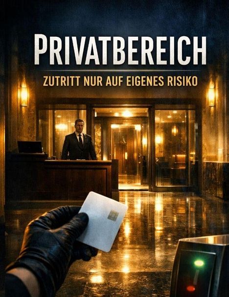 Text: "PRIVATBEREICH - ZUTRITT NUR AUF EIGENES RISIKO". Eine gloved Hand hält eine Karte, ein Mann steht an einem Tresen.