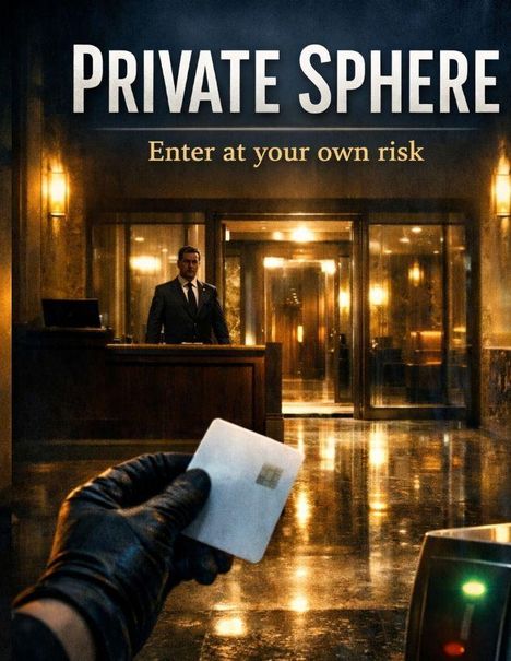 "Private Sphere. Enter at your own risk." Ein Mann steht hinter einem Tresen, eine Hand hält eine Karte vor einen Scanner.