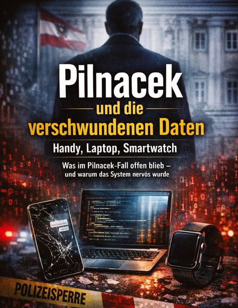 „Pilnacek und die verschwundenen Daten: Handy, Laptop, Smartwatch.“ Ein Mann von hinten, Polizeiabsperrung, rote Zahlen.