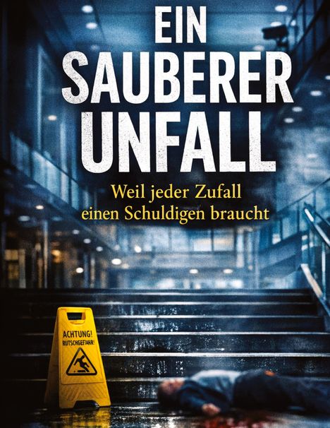 Text: "Ein saubrer Unfall. Weil jeder Zufall einen Schuldigen braucht. Achtung! Rutschgefahr!" Szene: Gelbes Warnschild, Körper.