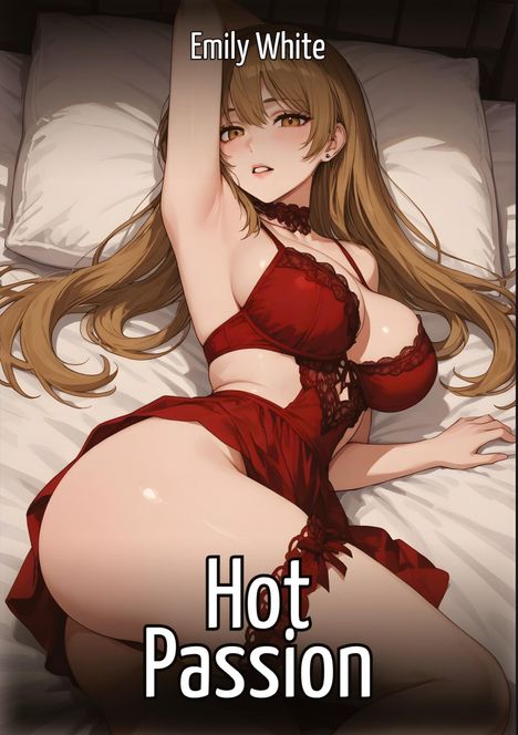 Emily White, Hot Passion. Illustration von einer Frau in roter Unterwäsche liegend auf einem Bett.