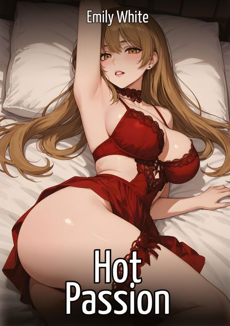 Der Text "Emily White" und "Hot Passion". Eine blonde Frau in roter Unterwäsche liegt auf einem Bett.