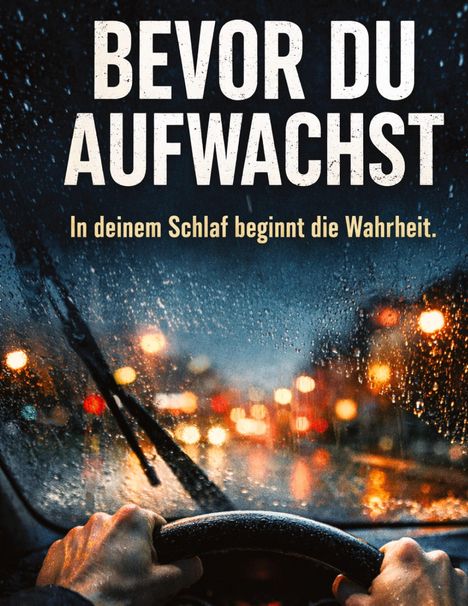 „BEVOR DU AUFWACHST. In deinem Schlaf beginnt die Wahrheit.“ Ein Blick durch eine verregnete Windschutzscheibe beim Fahren.
