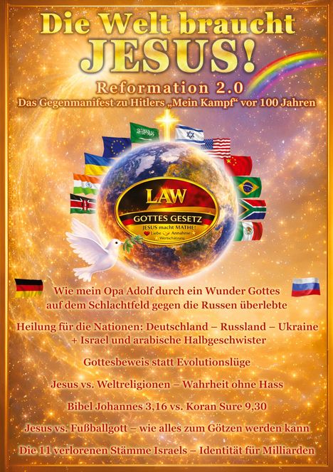 "Die Welt braucht JESUS! Reformation 2.0" über einer leuchtenden Erde mit international beflaggten Umrandungen und einem Kreuz.