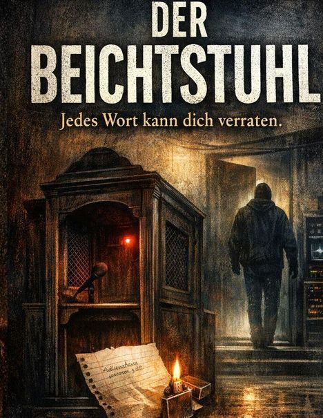 "DER BEICHTSTUHL. Jedes Wort kann dich verraten." Ein Beichtstuhl, Mikrofon, Papier, brennende Kerze, Person im Mantel.