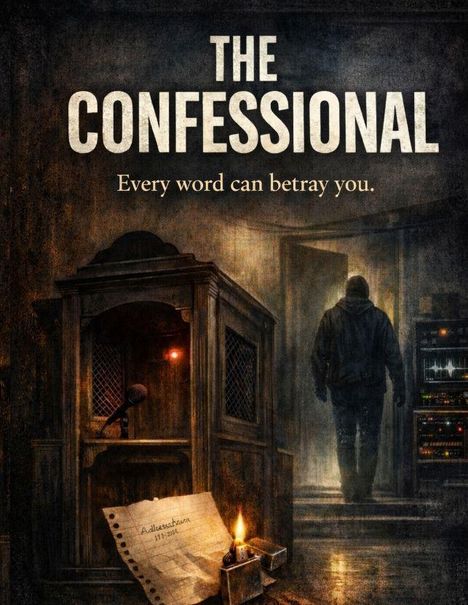 „THE CONFESSIONAL“, „Every word can betray you.“; Mikrofon in einem Beichtstuhl; Person im Hintergrund; düstere Stimmung.