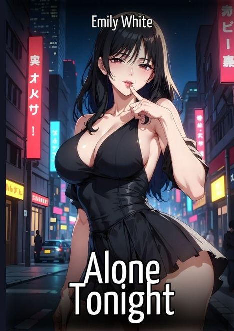 "Emily White" und "Alone Tonight" stehen über einer Illustration einer Frau in einem schwarzen Kleid in einer Nachtstadt.