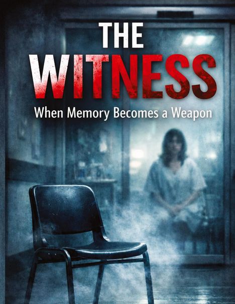 Text: "THE WITNESS" und "When Memory Becomes a Weapon". Ein leerer Stuhl in einem nebligen Raum, unscharfe Person im Hintergrund.