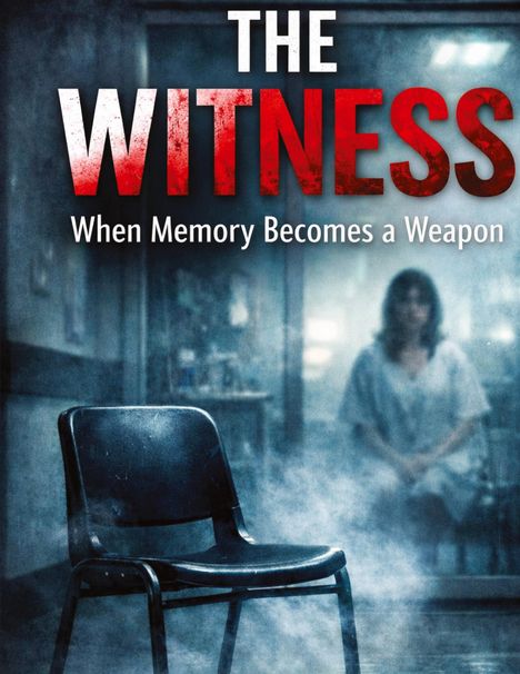 Text: "The Witness - When Memory Becomes a Weapon". Ein schwarzer Stuhl in einem nebligen Raum, unscharfe Person im Hintergrund.