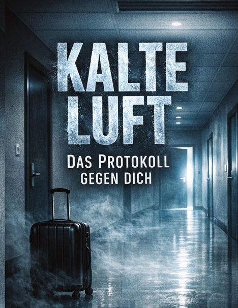 "KALTE LUFT Das Protokoll gegen dich." Ein Koffer steht in einem dunklen, nebligen Flur mit geschlossener Tür am Ende.