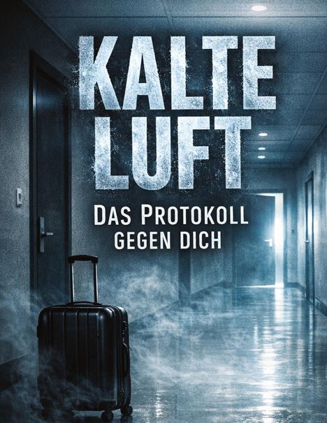 „KALTE LUFT: DAS PROTOKOLL GEGEN DICH“. Ein Koffer steht in einem nebligen, düsteren Flur.