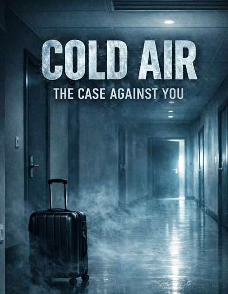 „COLD AIR: THE CASE AGAINST YOU.“ Verlassener Korridor mit Nebel und einem einsamen Koffer.