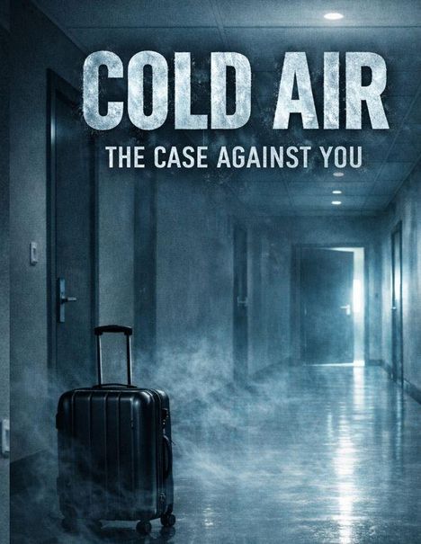 Text "COLD AIR: THE CASE AGAINST YOU". Ein dunkler Flur, Nebel am Boden, ein einsamer Koffer vorne.