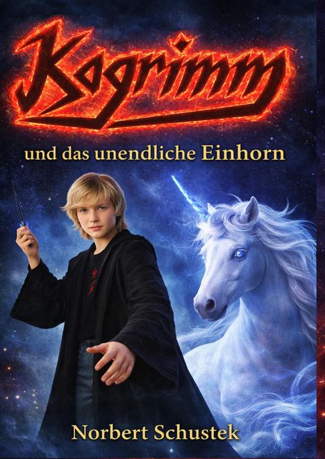 „Kogrimm und das unendliche Einhorn“. Darunter „Norbert Schustek“. Ein Junge mit Zauberstab neben einem Einhorn vor Sternenhimmel.