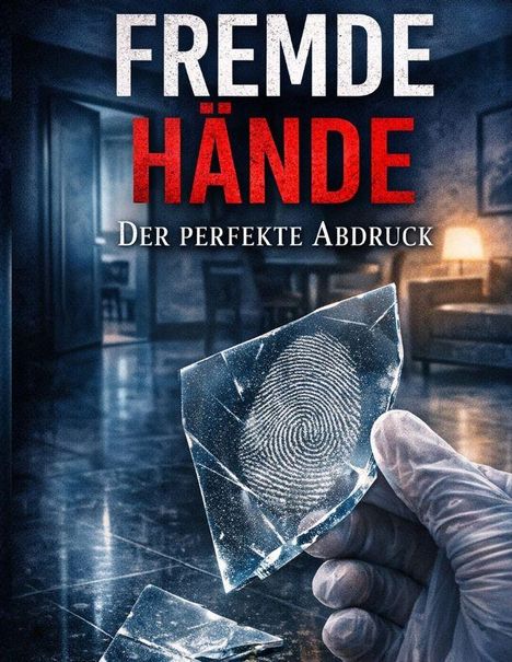 Text: "FREMDE HÄNDE. Der perfekte Abdruck". Eine behandschuhte Hand hält ein Fragment mit Fingerabdruck, in einem dunklen Raum.