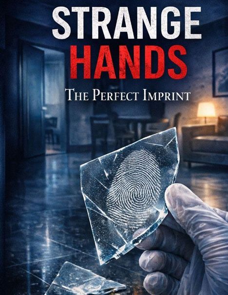 "STRANGE HANDS", "THE PERFECT IMPRINT". Eine behandschuhte Hand hält ein Scherbenstück mit Fingerabdruck in einem dunklen Raum.