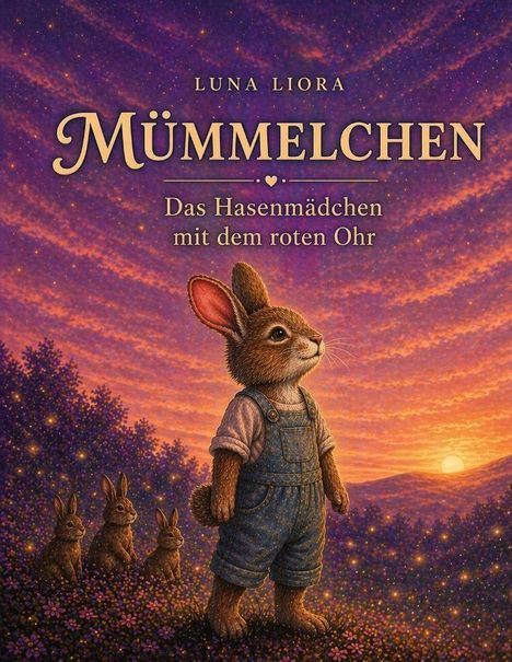 Text: "Luna Liora. Mümmelchen. Das Hasenmädchen mit dem roten Ohr."
Illustration: Hase in Latzhose vor Sonnenuntergang.