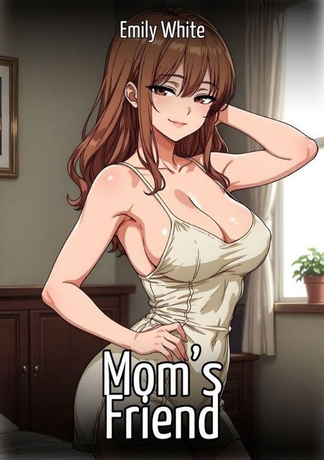 "Emily White", "Mom’s Friend". Eine Illustration einer lächelnden Frau in einem engen Kleid in einem Zimmer.