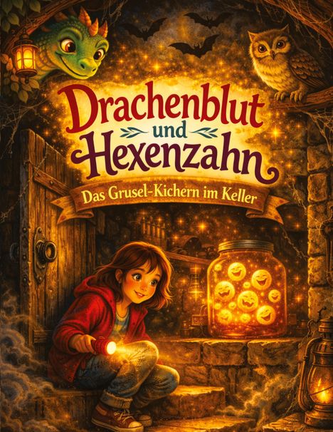 „Drachenblut und Hexenzahn: Das Grusel-Kichern im Keller.“ Ein Mädchen mit Taschenlampe, Drachenkopf und Eule in einem Keller.