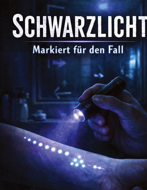 "Schwarzlicht: Markiert für den Fall." Eine Hand hält eine UV-Lampe, beleuchtet Punkte auf einem Arm in einer dunklen Umgebung.