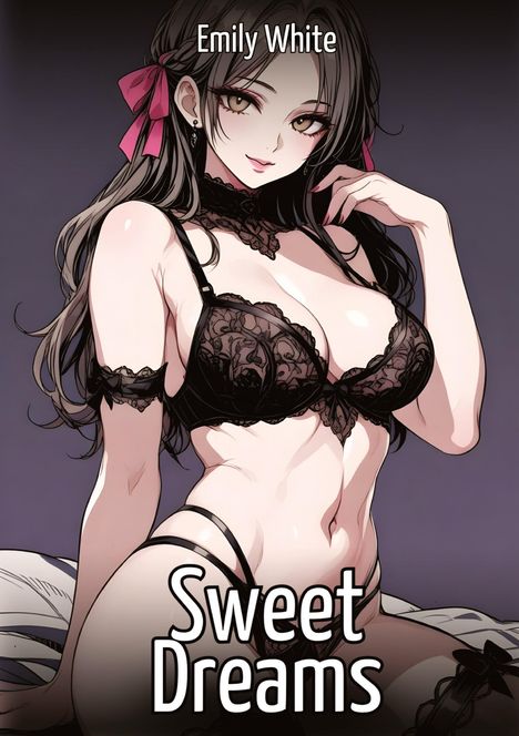 "Emily White", "Sweet Dreams". Eine Illustration zeigt eine Frau in schwarzer Spitzenunterwäsche und rosa Schleifen.