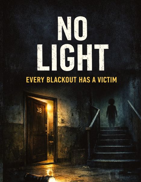 „NO LIGHT“, „EVERY BLACKOUT HAS A VICTIM“. Dunkler Flur mit beleuchteter Tür „3B“ und Schatten einer Person auf Treppe. Taschenlampe am Boden.