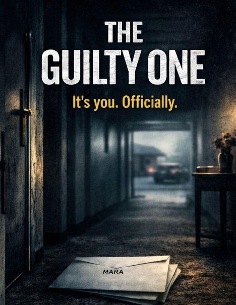 Text: "THE GUILTY ONE It's you. Officially." Umschlag mit "MARA" auf einem Tisch im dunklen Flur.