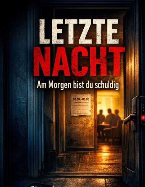 „LETZTE NACHT - Am Morgen bist du schuldig“ in kräftigen Buchstaben. Ein düsterer Flur führt zu einem beleuchteten Raum.
