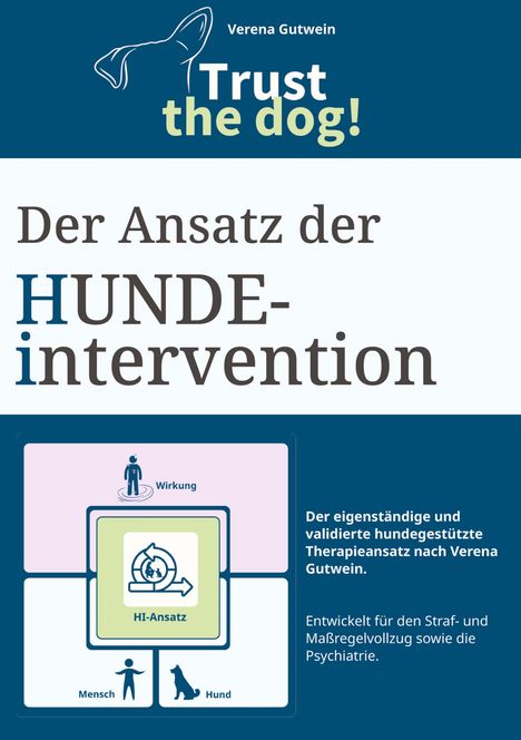Ein Buchcover mit einem Hundekopf-Logo und Texten zur Hundetherapie bei Verena Gutwein, inklusive Grafiken des Ansatzes.